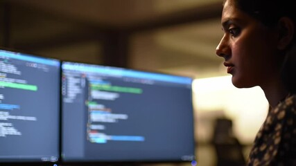Young woman coding in a dimly lit workspace at night focused on multiple computer screens