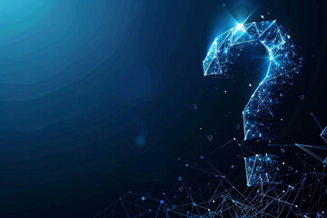 Wall Mural - virtual low poly hologram question mark with shine on digital dark blue background
