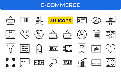 E-Commerce Icons Set. Modern thin line vector illustration of online store, shopping cart, buyer, goods, purchase, retail, digital payment, and order delivery outline pictograms isolated