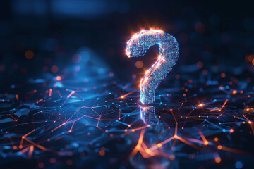 Wall Mural - virtual low poly hologram question mark with shine on digital dark blue background