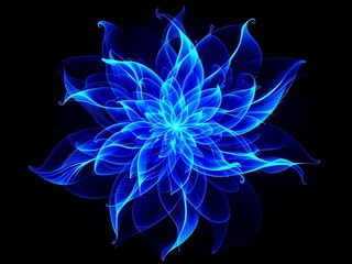 glowing fractal flower in vibrant blue, abstract digital art, soft light, futuristic bloom, symmetry