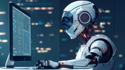 A sleek robot is seen focused, working on a computer displaying complex code and graphs.