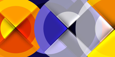 Leinwandbilder - Abstract composition features overlapping translucent shapes. Colors include yellow, orange, purple, silver. Modern design, geometric patterns dominate.