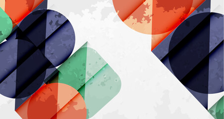 Poster - Abstract geometric composition. Overlapping shapes create dynamic visual texture. Colors include red, blue, green, white. Modern design elements present.