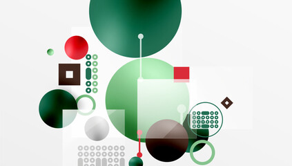 Leinwandbilder - Abstract geometric composition. Circles, squares, lines create modern visual design. Green, red, gray hues dominate. Minimalist aesthetic.