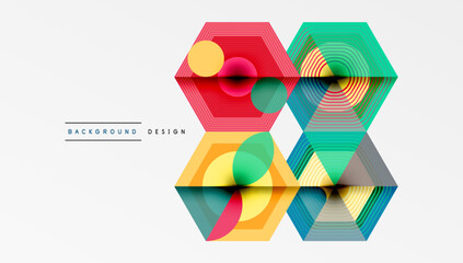 Leinwandbilder - Abstract geometric design features colorful hexagons, circles, lines. Modern background with vibrant hues, overlapping shapes create dynamic visual.