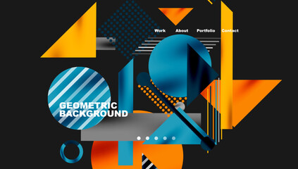 Leinwandbilder - Abstract geometric design. Shapes overlap, creating dynamic composition. Colors include blue, orange, gray. Text reads geometric background.