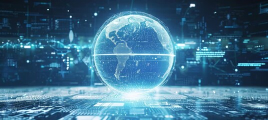 Poster - Hologram of earth globe rotating. Global internet network telecom and communication. Generative video AI technology.