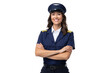© AuroraCrafts - Smiling female airline pilot in uniform with arms crossed, PNG