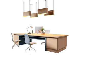 Aufkleber - Contemporary office desk setup with chairs, computer, and accessories in realistic 3D Rendering style on isolated white background