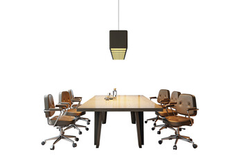 Aufkleber - Wooden conference table with six brown swivel office chairs and a black pendant ceiling light, isolated on white background. 3D Rendering