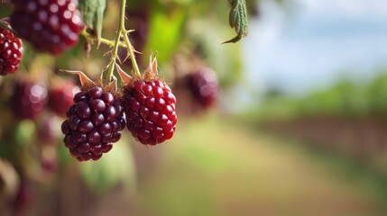 Fototapete - Close up of fresh ripe blackberries hanging from the bush with blurred farm rows in background, summer harvest concept.