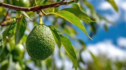 Fototapete - A close-up view of a single ripe avocado fruit hanging from a tree branch amongst vibrant green leaves with a soft blue sky background.