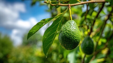 Fototapete - Fresh green avocado fruit hanging from a branch surrounded by lush green leaves and a blurry bright blue sky background