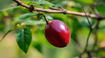 Fototapete - A vibrant close up image showcasing a single ripe red fruit still attached to its branch against the backdrop of lush green leaves.