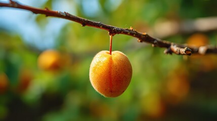 Fototapete - A solitary ripe apricot fruit hanging from a branch with a blurred green and yellow background depicting a sunny orchard scene during summer.