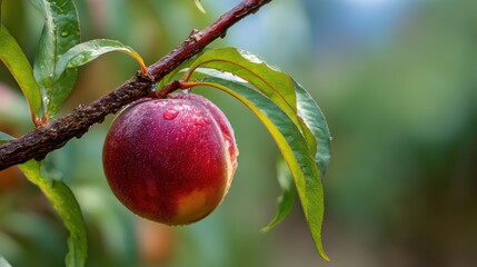 Fototapete - Close up of a ripe peach hanging on a branch with leaves showcasing nature and fresh fruit ready for harvest.