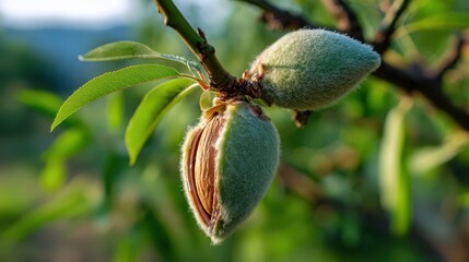 Fototapete - Close up of developing green almonds on a branch showcasing the natural growth and texture of the nuts in their early stages of development.