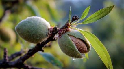 Fototapete - Fresh almond fruits in their protective green husks and leaves showing the natural process on a branch close up with detailed textures.