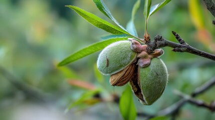 Fototapete - Close-up shot of almonds still growing on a branch showing the fresh green husk and the beginning stages of almond nut development in nature.