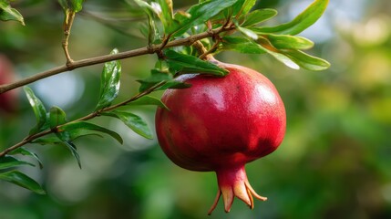 Fototapete - A vibrant close up shot of a ripe pomegranate hanging from a tree branch in a lush green garden with blurred background