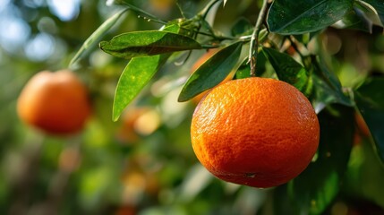 Fototapete - Close-up of a vibrant ripe orange fruit hanging on a tree branch with lush green leaves illuminated by natural sunlight in a citrus grove.