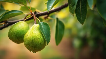 Fototapete - Close-up view of fresh green pears hanging from a branch with vibrant leaves capturing the beauty of nature and the freshness of harvest.