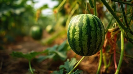 Fototapete - A close up shot of a freshly grown watermelon hanging from its vine at a farm with a shallow depth of field