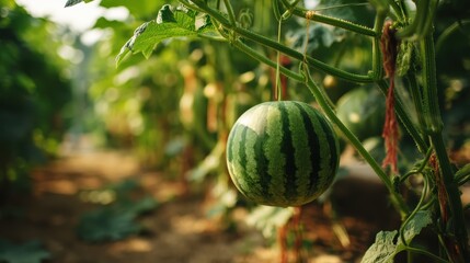 Fototapete - Close up view of a ripe green watermelon growing in the greenhouse with green foliage, the watermelon is hanging from a vine ready for harvest.