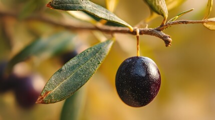 Fototapete - Close up shot of a ripe black olive hanging from an olive tree branch with textured green leaves in natural sunlight on a blurred background.