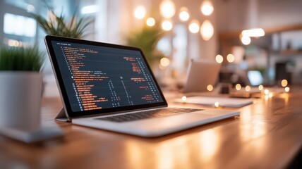 Neatly Arranged Workspace with Laptop Displaying Code