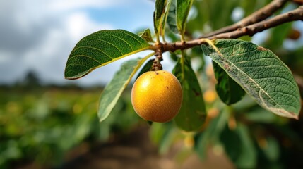 Fototapete - Ripe loquat fruit hanging from branch with lush green leaves illuminated by sunlight on a cloudy day in the orchard