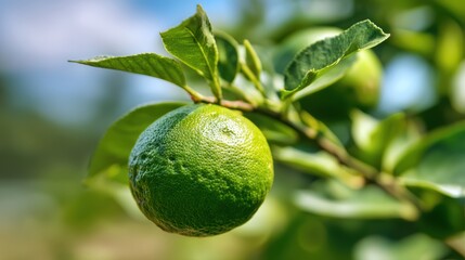 Fototapete - Fresh green lime fruit on a tree branch with vibrant green leaves in an organic orchard, showing nature at its best.