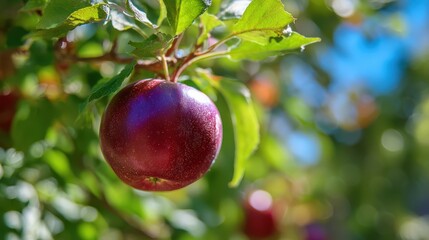 Fototapete - A close up view of a vibrant red apple on the tree branch with green leaves and bokeh background showing beautiful sunlight and nature's bounty.