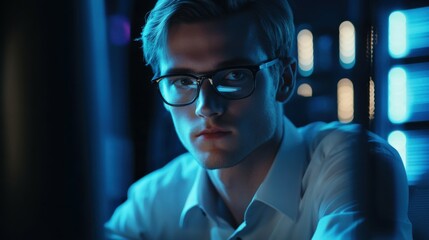 Thoughtful office manager typing computer. Focused software engineer programming