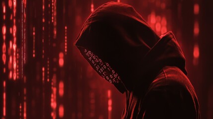 Cyber security concept - hacker in hoodie with running binary code