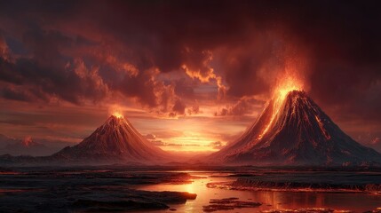 Wall Mural - Majestic volcanic eruption at sunset with glowing lava rivers and dramatic clouds showcasing nature's raw power and beauty in a surreal landscape setting