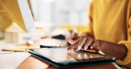 Poster - Hands, tablet and computer for research, copywriting or editing newsletter at office desk. Person, writer or editor with desktop keyboard for creative website, social media or email for news business
