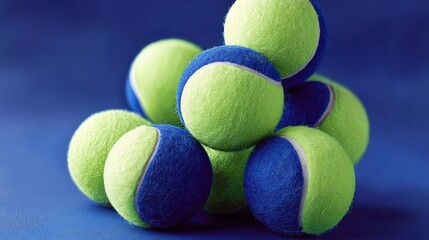 Pile of tennis balls with a blue and green stripe. The balls are stacked on top of each other