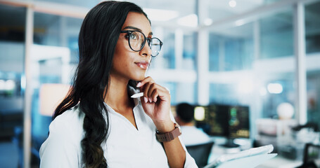 Leinwandbilder - Office, businesswoman and programmer at night for thinking, planning and solution for web development. Late, female person and developer with ideas for backend update, thoughts and software system