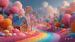© vasyl pshyk - Explore a vibrant candy house nestled within a magical rainbow road landscape in a whimsical fantasy world of colorful delights