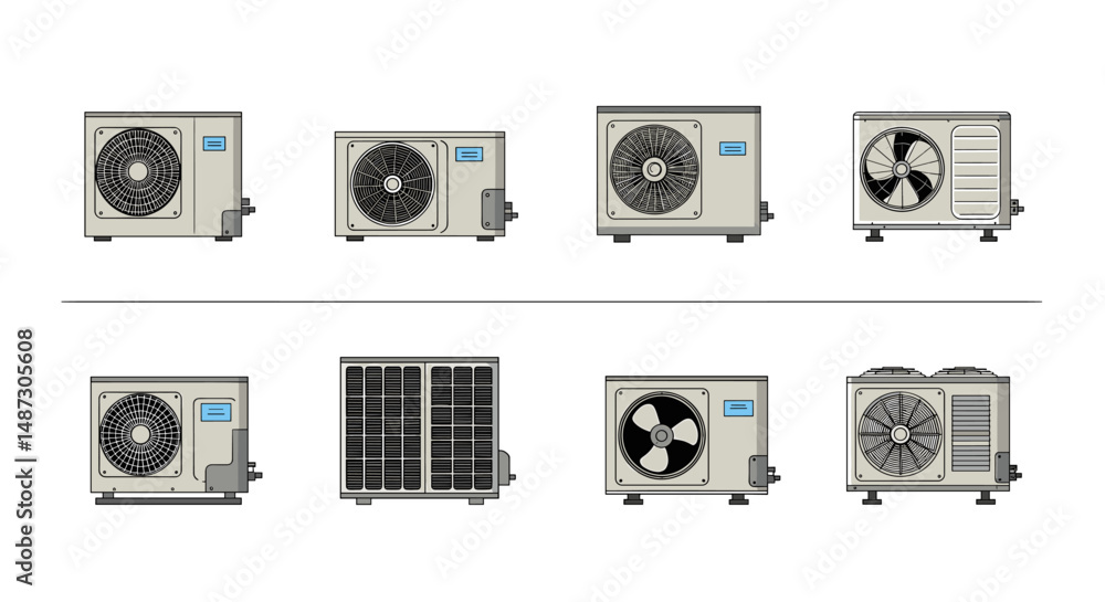 Set of outdoor AC units and compressors Stock Vector | Adobe Stock