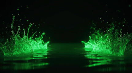 Wall Mural - dark background with green neon water splashes spreading on both sides