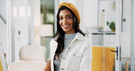 Aufkleber - Portrait, creative and happy businesswoman in office with pride for career as social media marketer. Smile, startup and professional worker with confidence as audience engagement specialist in India