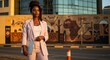© Taufid Hidayat - a stylish young South African woman in her late 20s stands confidently in front of a sleek glass office building. Africa Day