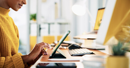 Leinwandbilder - Office, hands and person with tablet for web designer, software update and ux information. Closeup, businesswoman and creative manager with technology for seo tools, digital agency or typing research