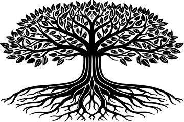 Black silhouette side view illustration of tree root system, tree, root, system, roots, side, view, silhouette, nature, plant, graphic, design, illustration, vector, black, white, transparent, ecology