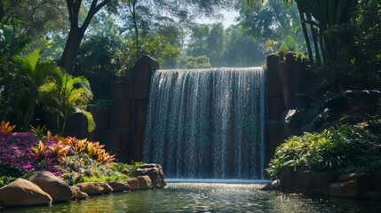 Wall Mural - waterfall flowing into a pond surrounded by lush green trees and plants.