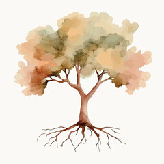 watercolor illustration of tree with spreading roots and autumn foliage in soft warm earthy tones mi