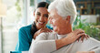 © peopleimages.com - Medical, smile or support with old woman and nurse in living room of retirement home for wellness. Bonding, healthcare or visit with caregiver and senior patient in apartment for portrait or nursing